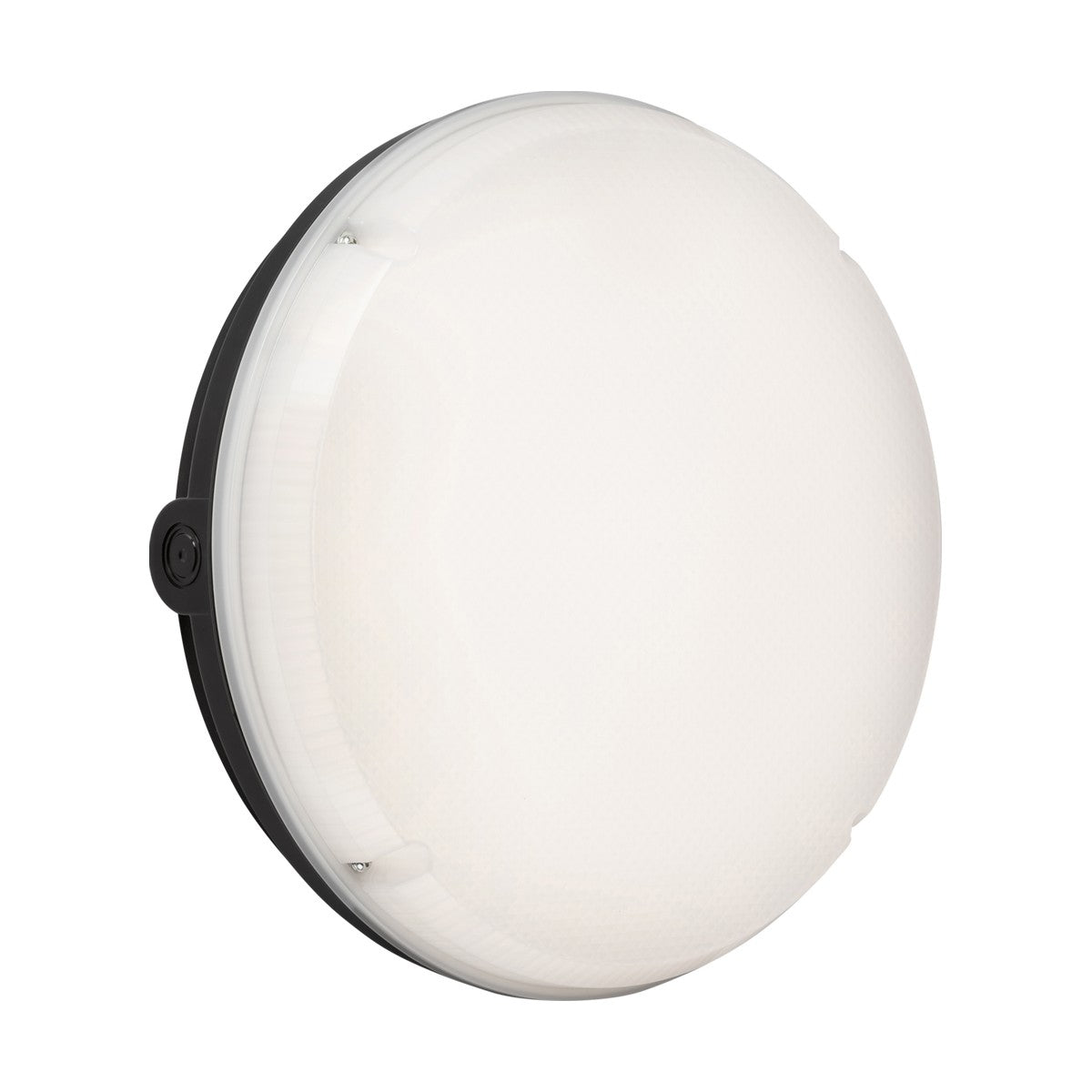 Viewed from an angle, the TENAX One Round Bulkhead Casing - Black features a round, white LED ceiling light fixture with a black base and IK10 impact rating. The smoothly lit surface is ideal for indoor use.