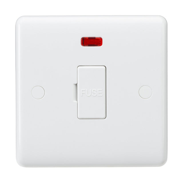 The 13A Fused Spur Unit Neon and Flex Outlet from Base features a neon light at the top and an embossed FUSE on its antimicrobial switch. Mounted on a square white plate, it has two visible screws on each side.