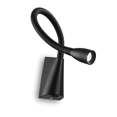 Introducing the Crown LED Wall Lights - Black: a sleek, modern wall-mounted reading lamp crafted from aluminum. It features a flexible gooseneck design and cylindrical LED lighting. The lamp showcases a minimalist matte finish and is illuminated against a white background, making it an ideal addition to contemporary interiors.