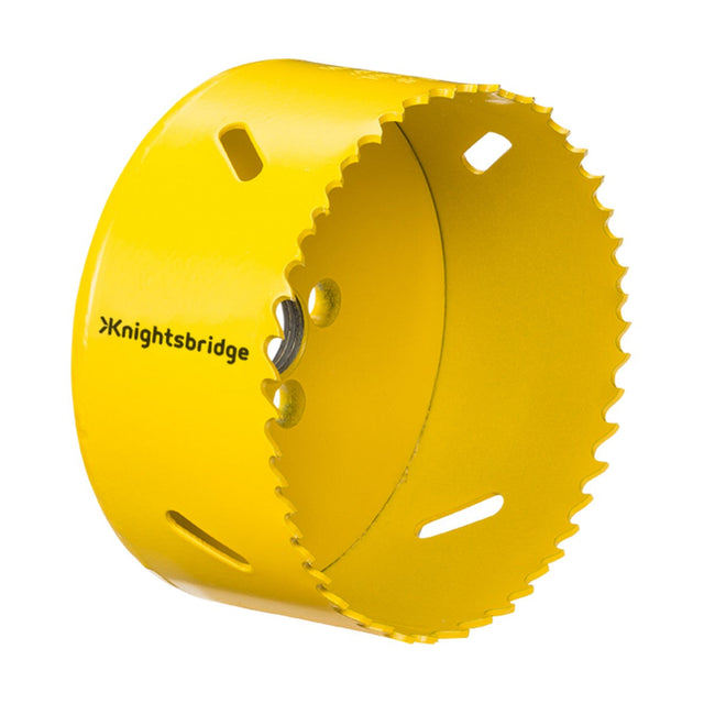 The 90mm Bi-Metal Holesaw in a vibrant yellow features a serrated edge perfect for cutting steel. With "Knightsbridge" printed on the side, it ensures precision with an optimal cutting depth.