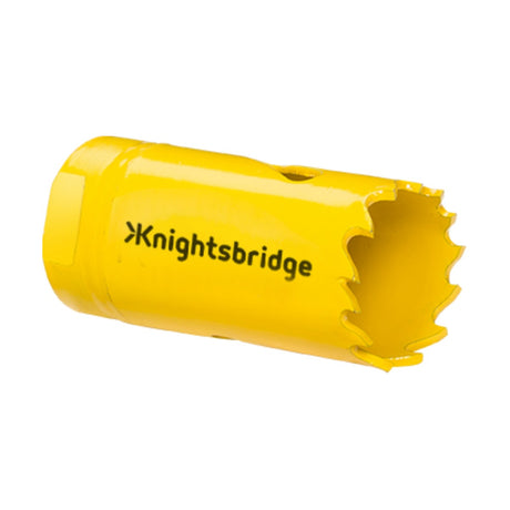 Knightsbridge presents the 20mm Bi-Metal Holesaw, featuring a yellow cylindrical design with a jagged cutting edge. This tool boasts bi-metal construction for enhanced durability and impressive cutting depth, and it is compatible with arbor HSARBORS.