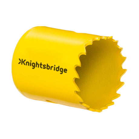 A Knightsbridge 32mm Bi-Metal Holesaw in yellow, featuring a cylindrical design and jagged edge, is expertly crafted for cutting circular openings in steel and various other materials.