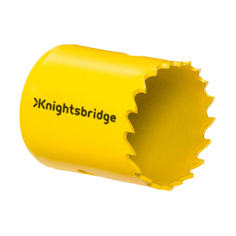 Introducing the 38mm Bi-Metal Holesaw by Knightsbridge, featuring a yellow cylindrical design with jagged teeth on one end for effective cutting of circular holes in materials.