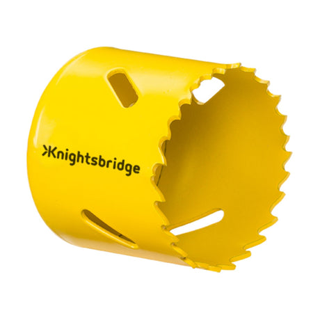 A yellow 51mm Bi-Metal Holesaw with jagged edges, ideal for cutting steel, showcasing the Knightsbridge brand printed on its side.