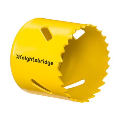 The 60mm Bi-Metal Holesaw, equipped with jagged teeth and multiple side openings, is crafted for seamless cutting through steel. This yellow tool merges durability with precision to tackle your most challenging projects.