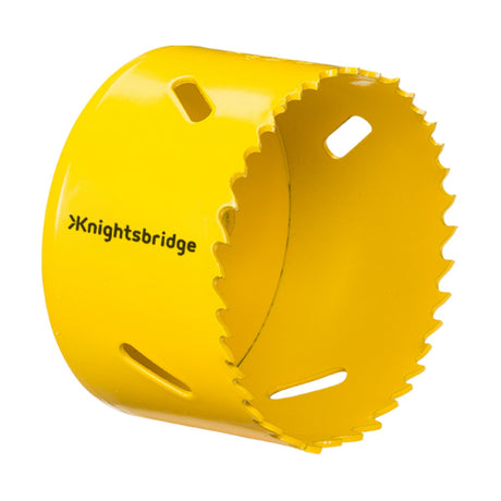 The 65mm Bi-Metal Holesaw features jagged teeth and a yellow circular blade, branded as Knightsbridge, and is designed for cutting steel.