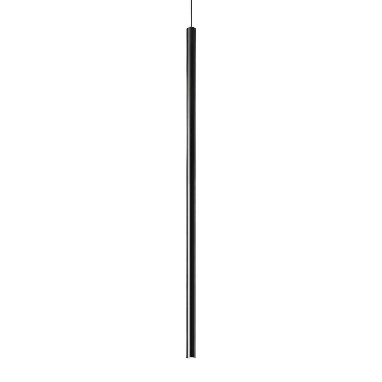 A sleek, modern Luxora LED Round Light Pendant 11.5W 3000K - Black, 100cm hangs from a thin wire. The fixture is long and slender with a minimalist design and matte black finish, showcasing modern elegance. Its energy-efficient LED technology is set against a completely white background, highlighting the light's simple allure.
