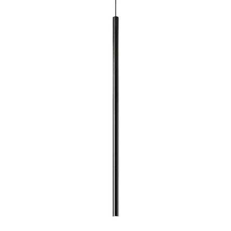 A sleek, modern Luxora LED Round Light Pendant 11.5W 3000K - Black, 100cm hangs from a thin wire. The fixture is long and slender with a minimalist design and matte black finish, showcasing modern elegance. Its energy-efficient LED technology is set against a completely white background, highlighting the light's simple allure.