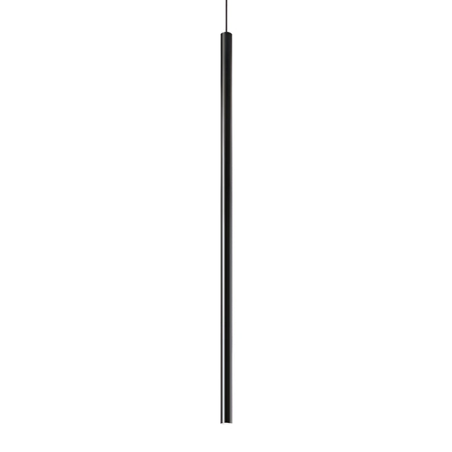 A sleek, modern Luxora LED Round Light Pendant 11.5W 3000K - Black, 100cm hangs from a thin wire. The fixture is long and slender with a minimalist design and matte black finish, showcasing modern elegance. Its energy-efficient LED technology is set against a completely white background, highlighting the light's simple allure.
