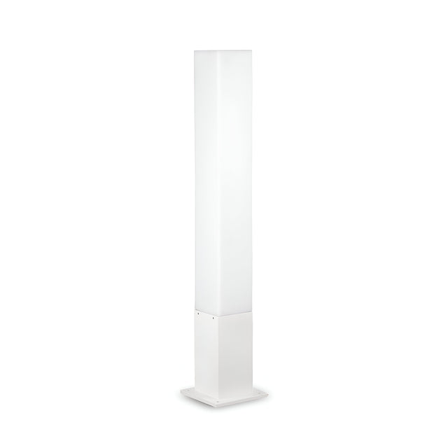 The Lumira Square Outdoor Bollard Light in white features a minimalist, tall rectangular design and a square base, crafted from durable cast aluminum. It emits a soft, ambient light through its white polycarbonate diffuser.