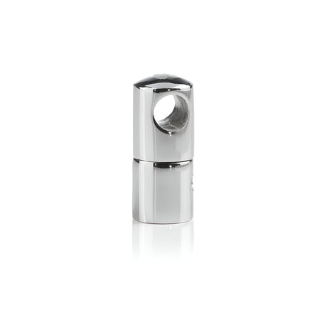 Introducing the Sparion Large Cable Holder - Chrome, an ideal solution for cable management. This chrome-finished connector features a durable metal construction with a cylindrical base and hollow cylindrical top, perfect for joining or securing parts. It is presented on a white background with subtle light reflections.