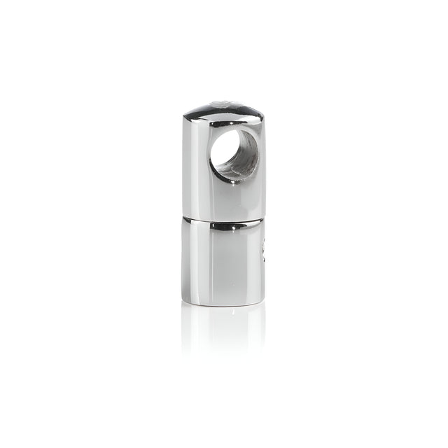 Introducing the Sparion Large Cable Holder - Chrome, an ideal solution for cable management. This chrome-finished connector features a durable metal construction with a cylindrical base and hollow cylindrical top, perfect for joining or securing parts. It is presented on a white background with subtle light reflections.