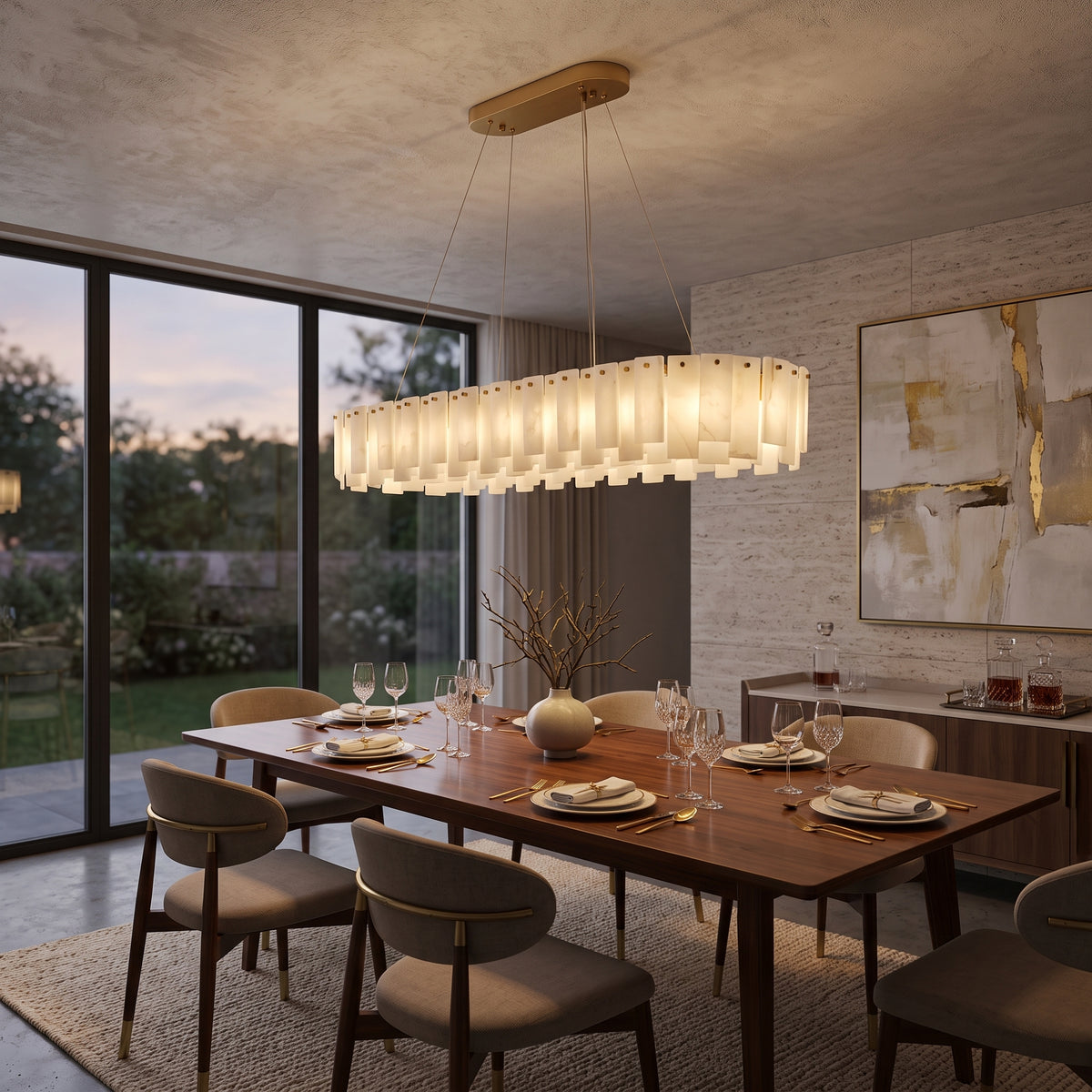 Valeris 120cm LED Alabaster Linear Chandelier, a brass-framed oval fixture with layered alabaster panels casting warm light above a wooden dining table.