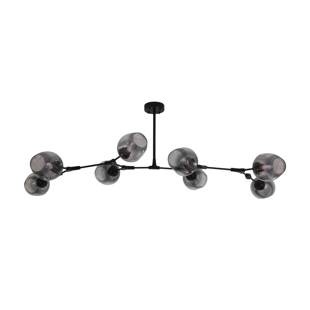The Tree 8 Light Suspension - Black features eight branching arms with round smoky glass globes, offering a minimalist, contemporary chandelier design ideal for stylish interiors.