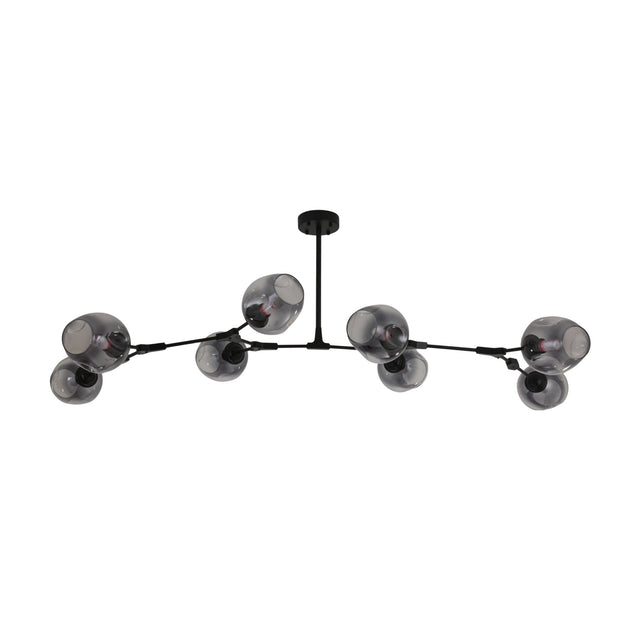 The Tree 8 Light Suspension - Black features eight branching arms with round smoky glass globes, offering a minimalist, contemporary chandelier design ideal for stylish interiors.