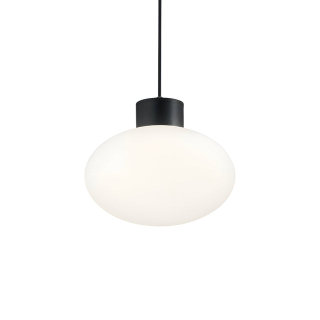 Introducing the Photonix Light Pendant - Black, featuring a smooth, round white glass shade paired with a sleek black fixture. This sophisticated piece is suspended from a matching black cord and epitomizes modern lighting design against a plain white background.