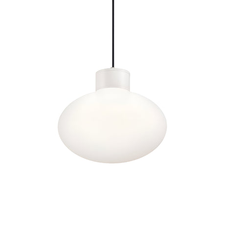 The Photonix Light Pendant - White showcases a minimalist design, featuring a spherical white light elegantly suspended from a slender black cord, highlighting its modern aesthetic of elegance and simplicity against a plain white backdrop.
