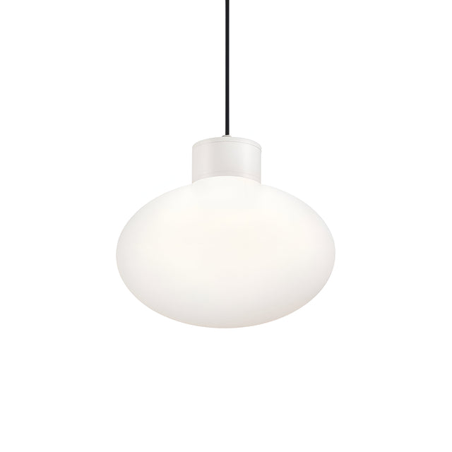 The Photonix Light Pendant - White showcases a minimalist design, featuring a spherical white light elegantly suspended from a slender black cord, highlighting its modern aesthetic of elegance and simplicity against a plain white backdrop.