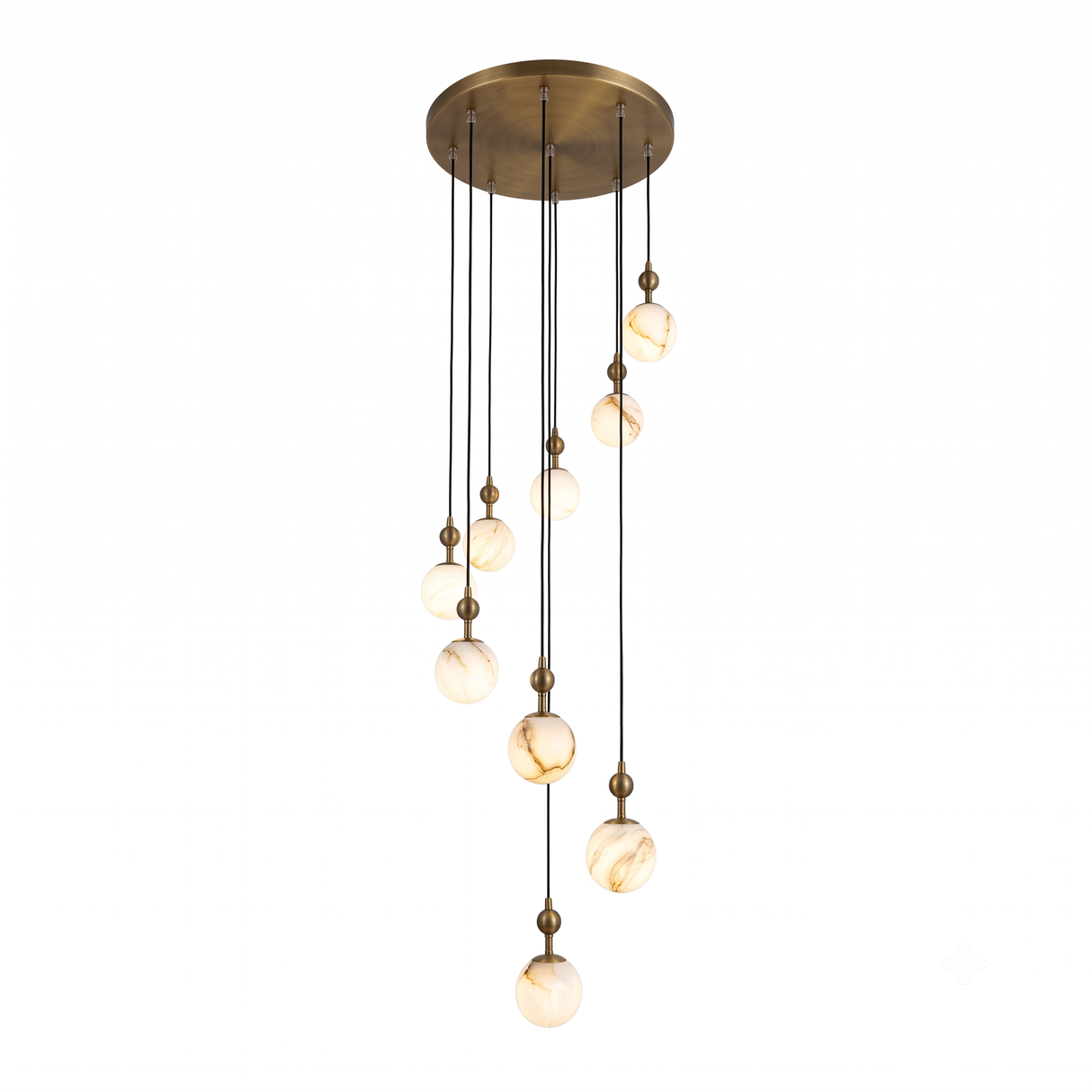 Niori Lorixa 9 Light Cascading Chandelier with staggered natural alabaster globes on brushed bronze caps and circular canopy, shown on a white background.