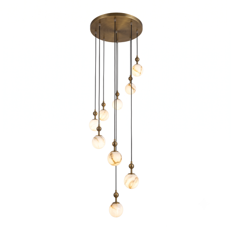Niori Lorixa 9 Light Cascading Chandelier with staggered natural alabaster globes on brushed bronze caps and circular canopy, shown on a white background.