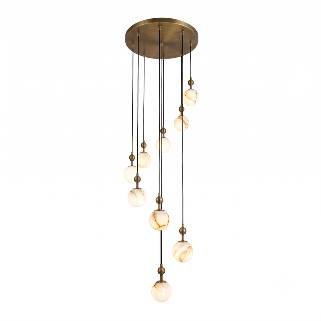 Niori Lorixa 9 Light Cascading Chandelier with staggered natural alabaster globes on brushed bronze caps and circular canopy, shown on a white background.
