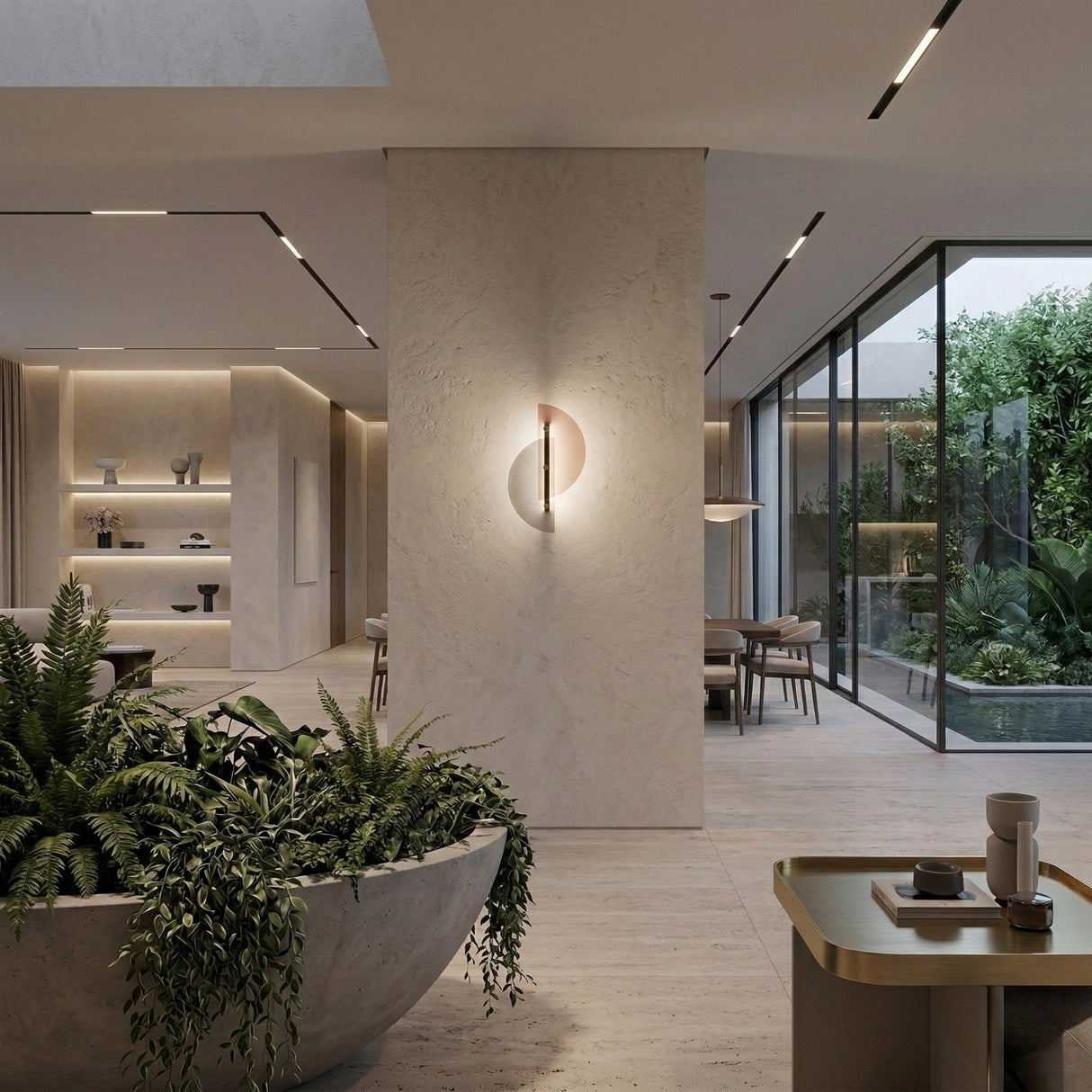 A modern, minimalist living space with light stone walls, built-in shelves, a large planter of green ferns, floor-to-ceiling garden windows, and the Papillon LED Wall Light - Silver & Bronze adding a sleek contemporary touch.