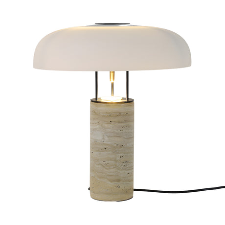 The Caldrin 1 Light Stone Column Table Lamp in grey and white features a modern cylindrical base, black metal supports, a dome-shaped white shade for warm light, and comes with a black power cord extending from the base.