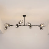 The Tree 8 Light Suspension - Black features a modern black frame with eight round smoky glass shades, creating a branching, symmetrical chandelier design that stands out against a white ceiling.