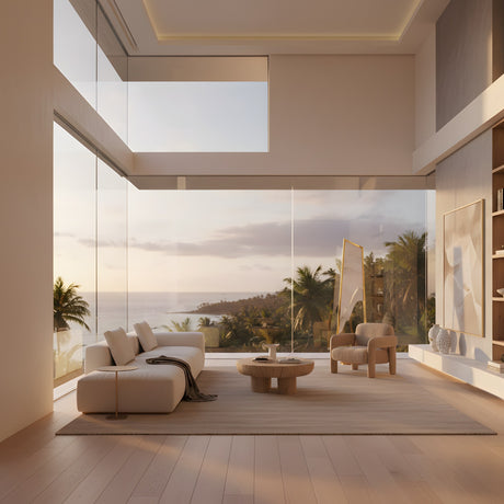 A modern, minimalist living room with floor-to-ceiling windows and ocean views at sunset features a white sofa, armchair, round wooden coffee table on a neutral rug, and the Atria LED Small Alabaster Floor Lamp in brushed brass.