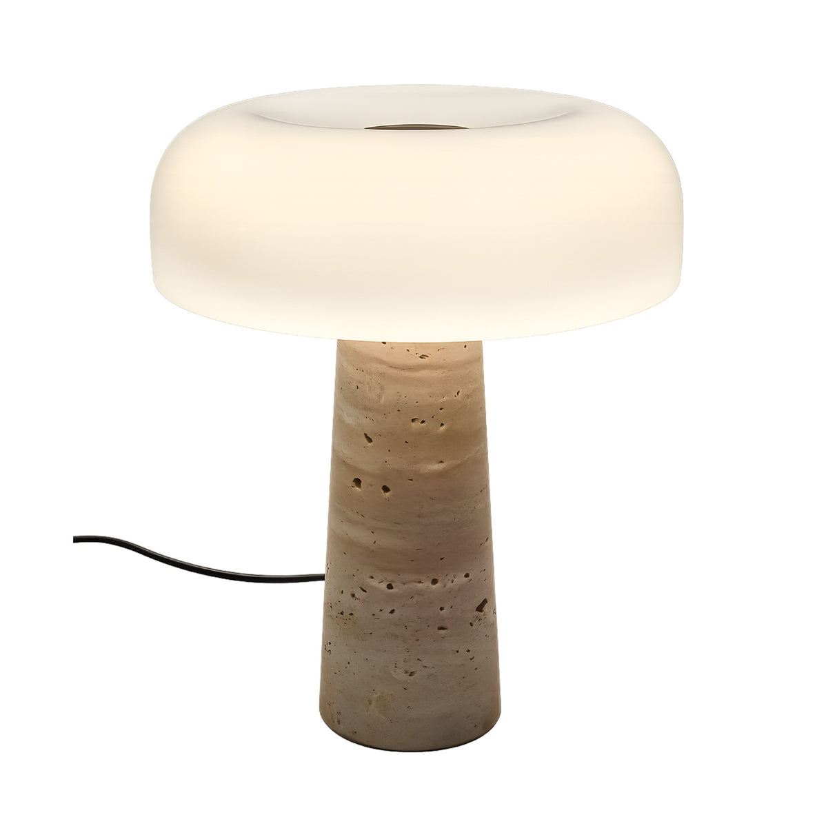 The Tervel 1 Light Layered Stone Table Lamp in grey and white features a modern cylindrical base, a wide rounded white glass shade for soft lighting, and a visible black cord trailing from the lamp.