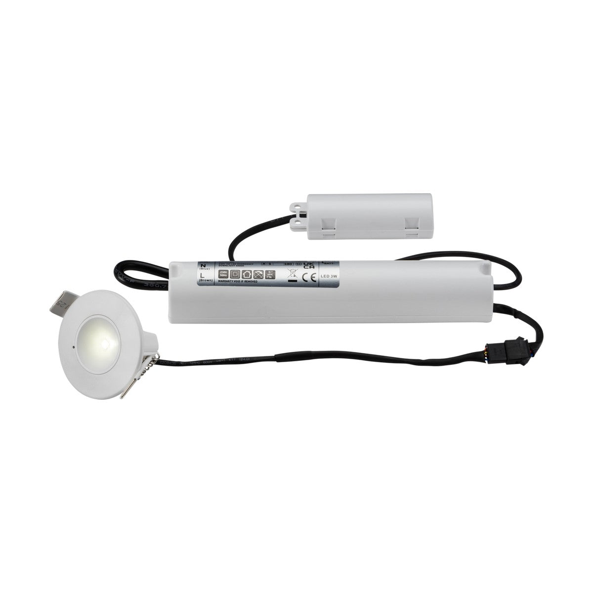 The 3.5W LED Emergency Downlight 3000K, suitable for either maintained or non-maintained use, features a round design with an integrated lithium battery, accompanied by a rectangular driver and cylindrical connector seamlessly linked by black wires. These components are meticulously arranged on a pristine white background, making it an ideal choice for efficient emergency lighting solutions.