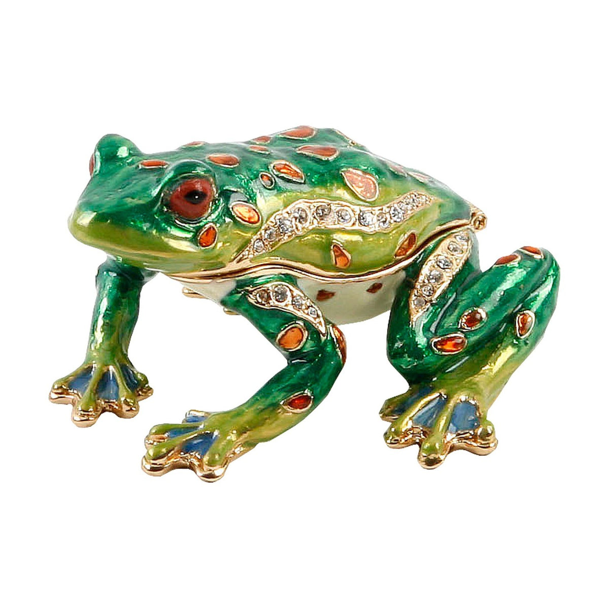 Frog About to Jump Hand Painted Metal Trinket Box - Green
