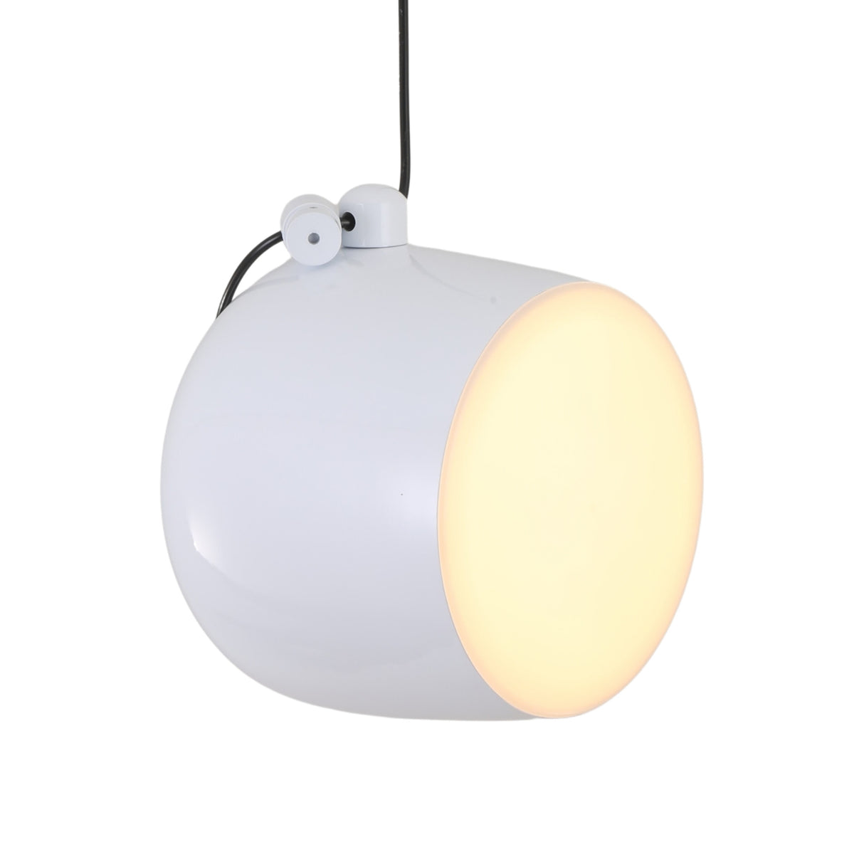 The Mono LED Pendant Light in white features a rounded, glossy exterior and softly glowing circular light, hanging from a black cord—ideal for modern kitchens.