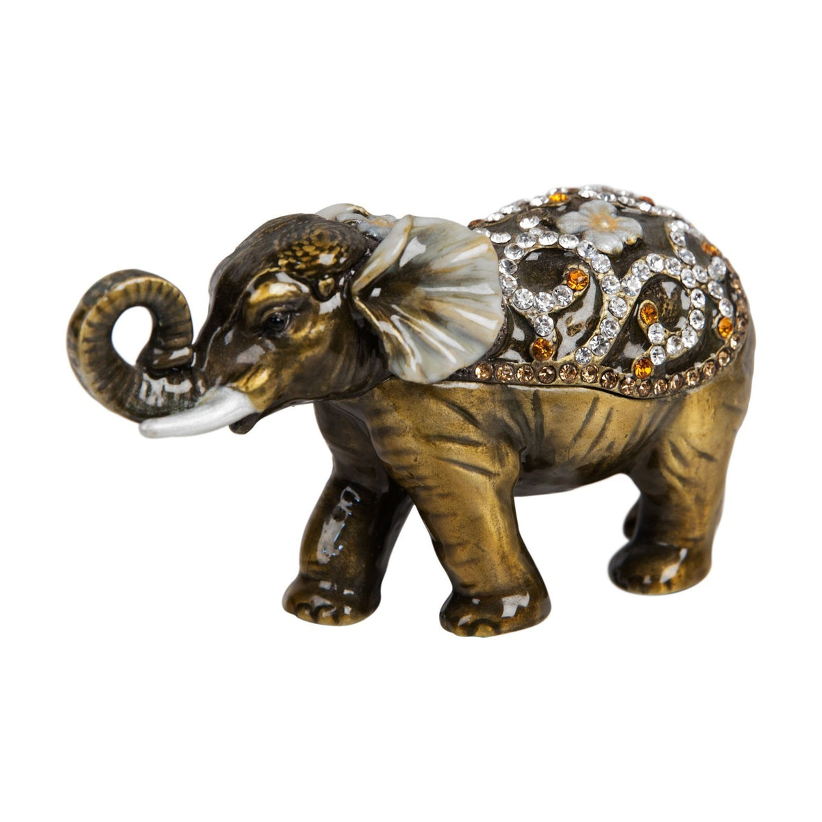 Curled Trunk Elephant Metal Trinket Box - Bronze & Brown