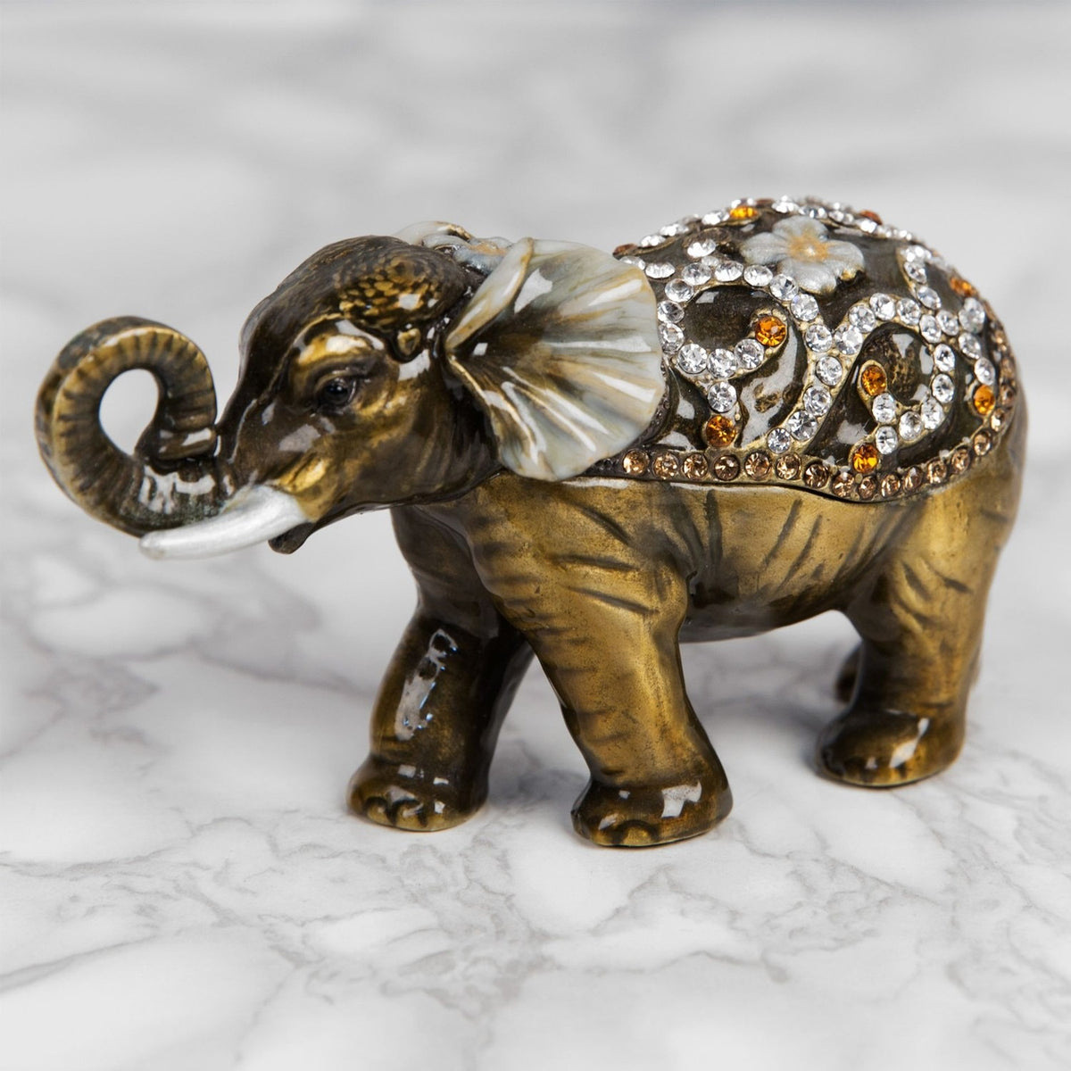 Curled Trunk Elephant Metal Trinket Box - Bronze & Brown