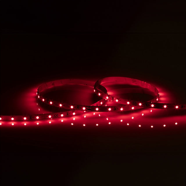 Two loops of the 24V Red LED Strip Light - 5m emit a warm red glow in a dark setting, casting vibrant illumination. Arranged in a circular pattern, these strips highlight the intensity and brightness attributed to their IP20 rating.