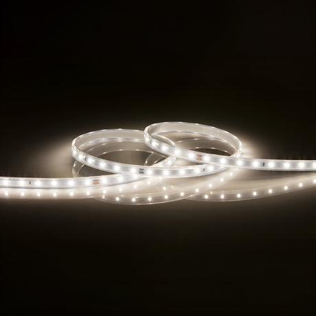 The 24V LED Strip Light IP67 4000K - 30m shines brightly against a dark backdrop, emitting a cool white light that accentuates its coiled and intertwined shape.
