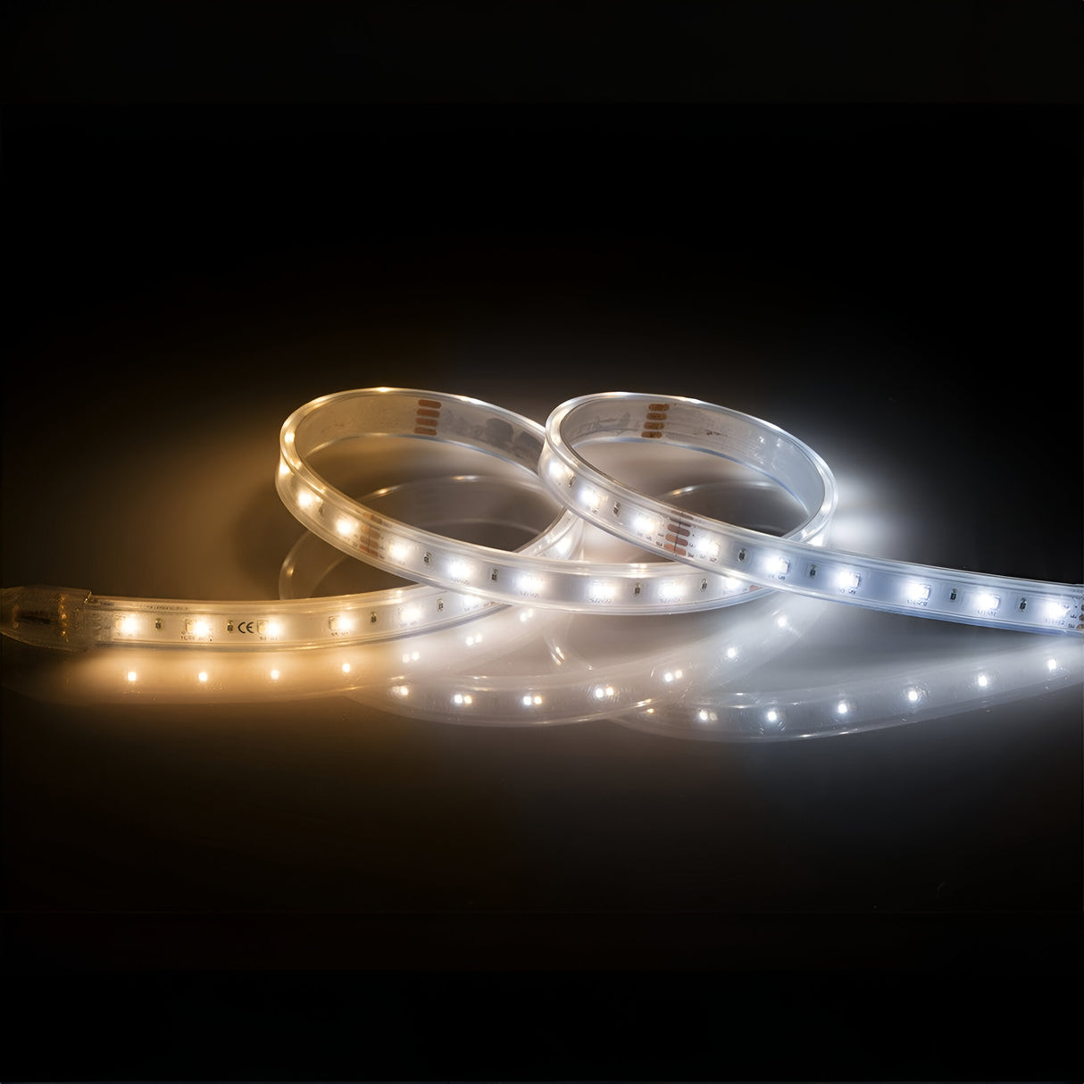Two coiled 24V CCT LED Strip Lights IP67 - 5m emit both warm and cool white light against a dark background. One strip glows with a dimmable, soft yellow hue, while the other shines with bright white light, creating a contrast in color temperature.