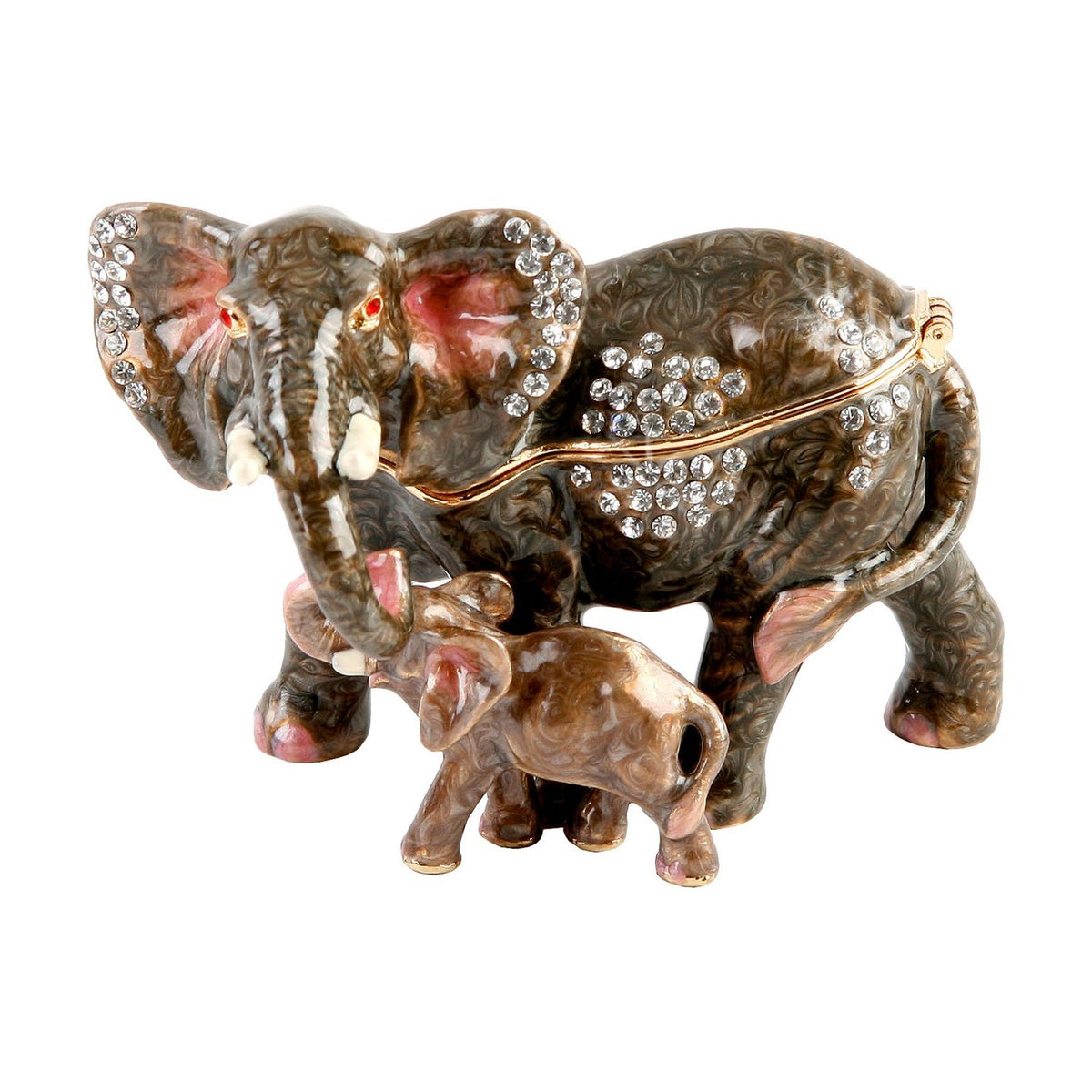 Elephant and Calf Metal Trinket Box with Hinged Lid - Grey