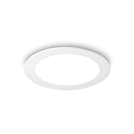 The Focus Round Recessed Downlight - 10W, 4000K in white, with its contemporary round design, stands out against a plain white background like a streamlined LED fixture. Its flat, minimalistic style casts a subtle shadow underneath, suggesting its flush-mounted installation for energy-efficient lighting.