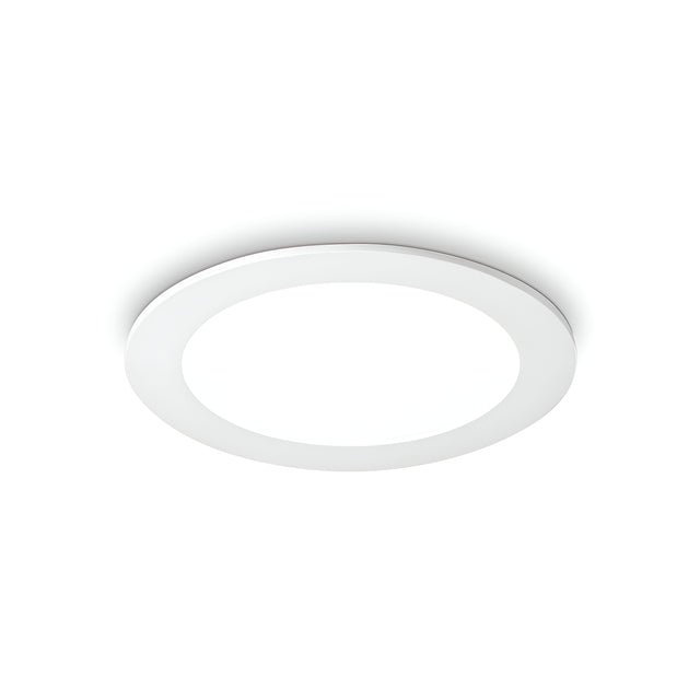 The Focus Round Recessed Downlight - 10W, 4000K in white, with its contemporary round design, stands out against a plain white background like a streamlined LED fixture. Its flat, minimalistic style casts a subtle shadow underneath, suggesting its flush-mounted installation for energy-efficient lighting.