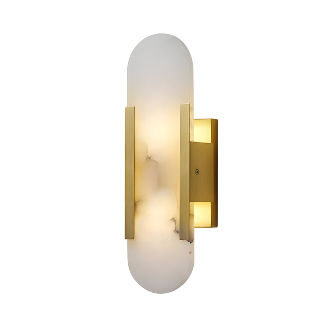 The Lirone 1 Light Small Vertical Capsule Alabaster Wall Light features a soft white alabaster shade with brass accents and a matching rectangular base for a modern look.
