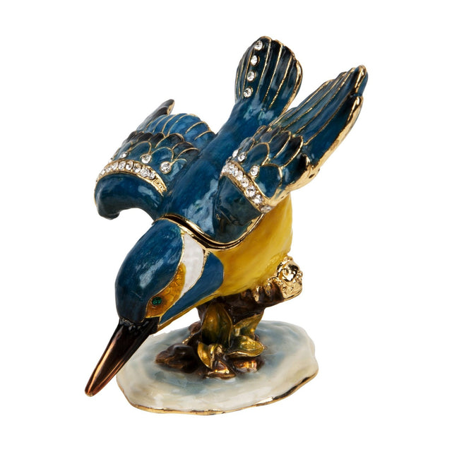 Perched Kingfisher Metal Trinket Box with hinged lid, glossy blue enamel finish, yellow breast, gold feather detailing and crystal accents, on a plain white background.