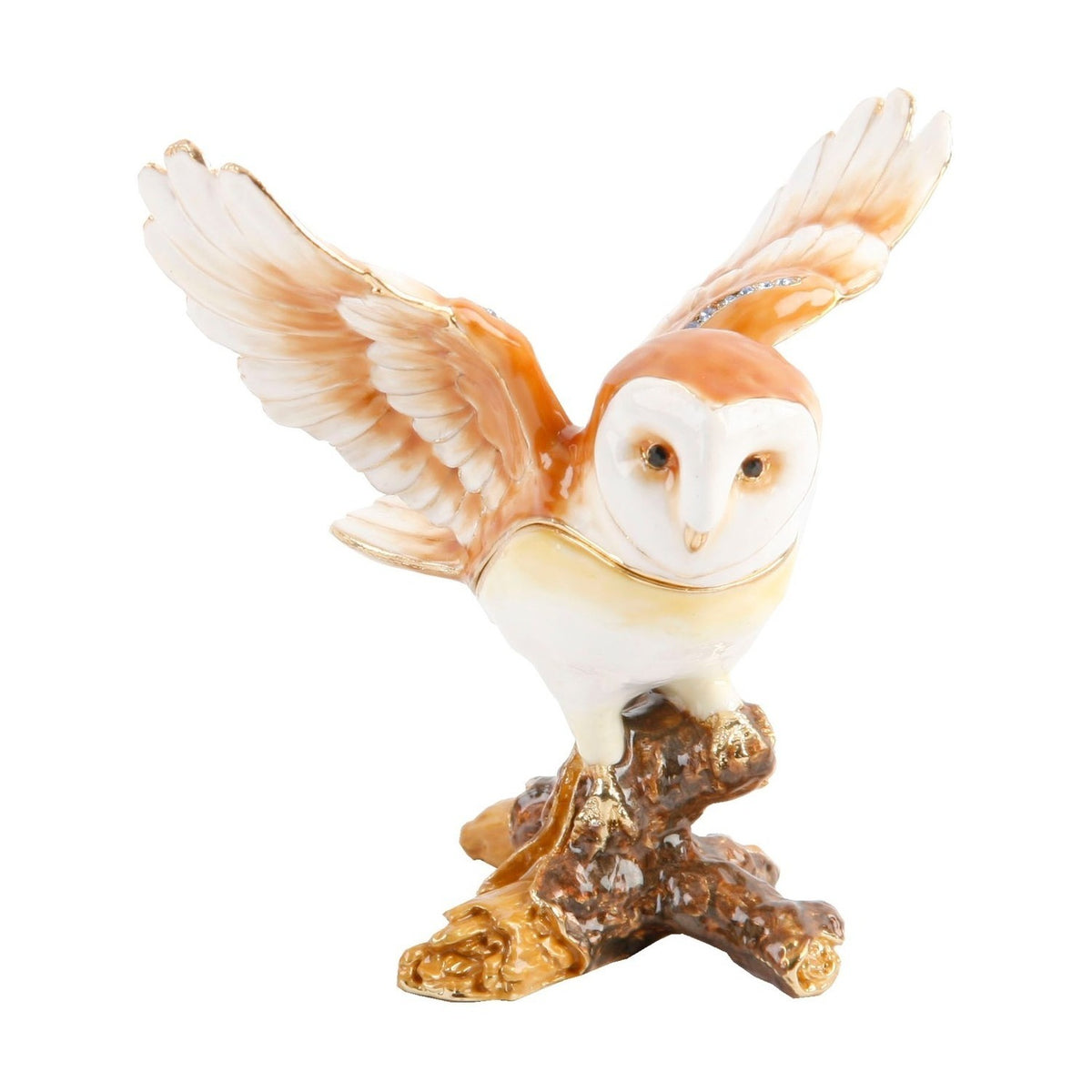 Barn Owl with Wings Out Metal Trinket Box - White & Brown