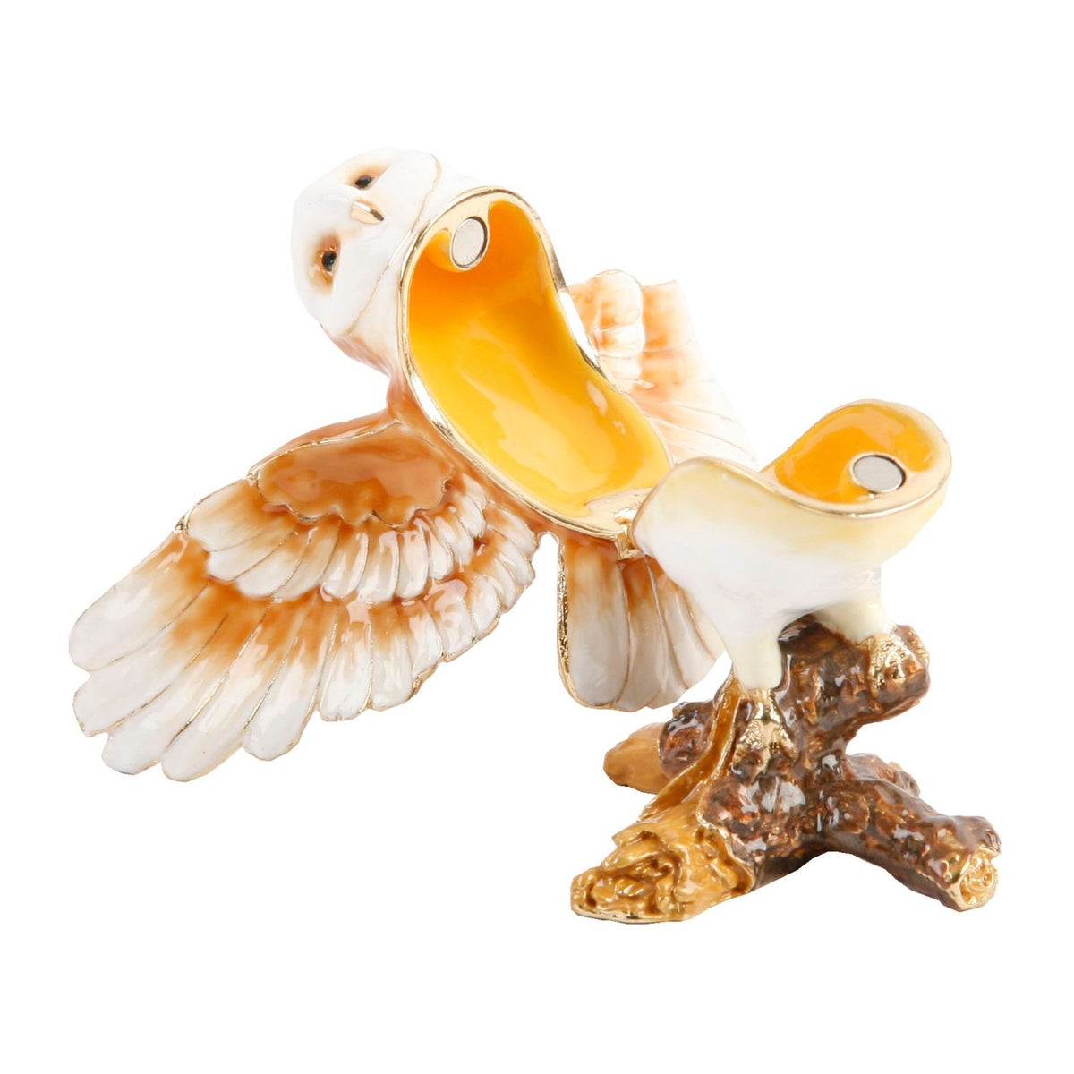 Barn Owl with Wings Out Metal Trinket Box - White & Brown