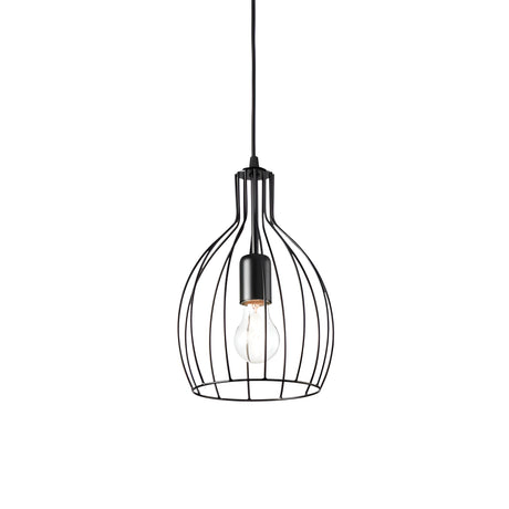 The Tone-2 1 Light Pendant - Black features a black-finished metal wire cage that elegantly suspends an exposed bulb from a cord, set against a white background. Its design captures modern simplicity with a hint of industrial charm in its minimalist appeal.