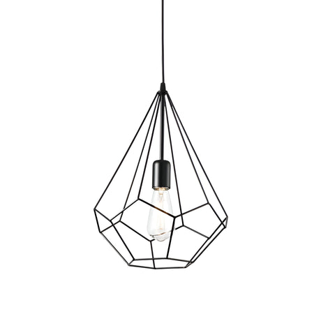 The Tone-3 1 Light Pendant - Black embodies industrial elegance with its minimalist design, featuring a geometric black wireframe encasing an exposed bulb and hanging gracefully from a cord.