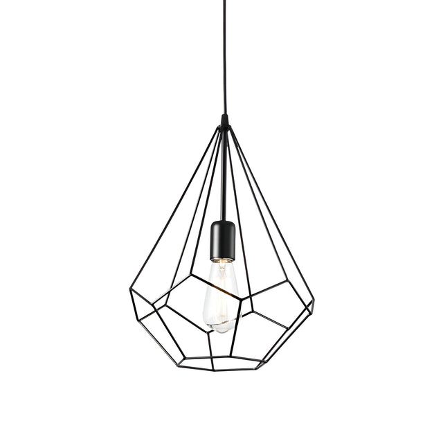 The Tone-3 1 Light Pendant - Black embodies industrial elegance with its minimalist design, featuring a geometric black wireframe encasing an exposed bulb and hanging gracefully from a cord.