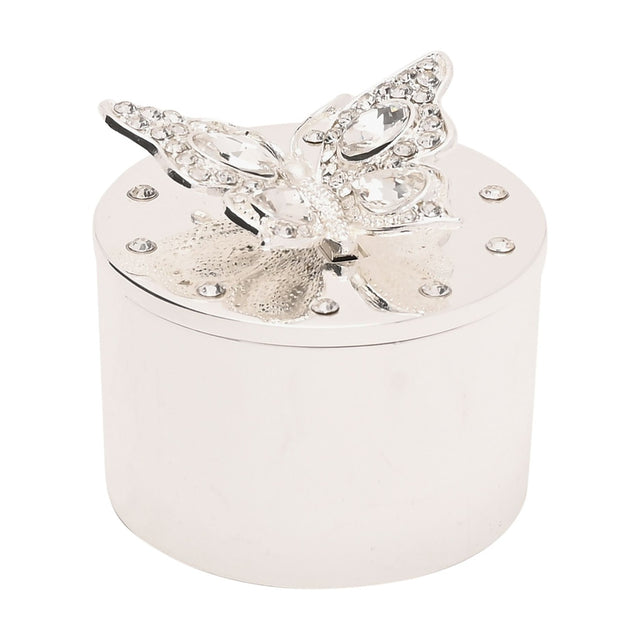Round silverplated trinket box, 5.5cm, with a raised crystal-studded butterfly on the textured lid and a ring of clear stones around the edge, on a white background.