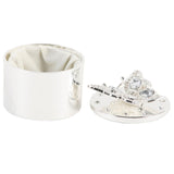 Round silverplated trinket box, 5.5cm, with lid removed showing cream fabric lining and a jewelled butterfly design with clear stones on a textured silver lid, plain white background.